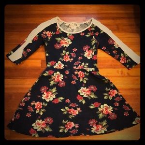 Navy sweater dress with flower pattern